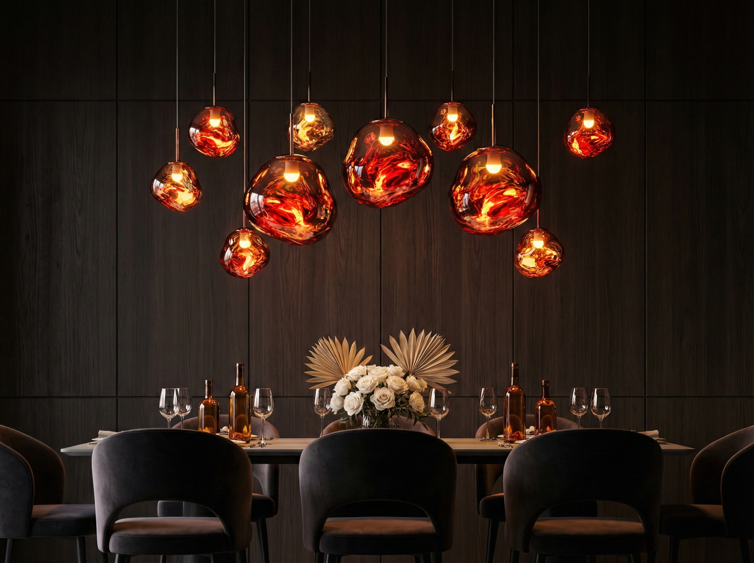 Moody Luxury Dining Room with Avant-Garde Lighting Installation